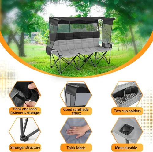 Miniatura 4 de Teenyyou Silla de camping para 3 personas con toldo – Silla de playa de gran tamaño con protección solar UV, sofá biplaza plegable resistente de 700