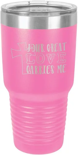 Miniatura 16 de Taza de viaje de acero con recubrimiento de polvo grabado con láser, con grabado de 30 oz con texto en inglés "Your Love Carries" y texto "Mis