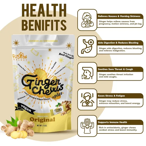 Miniatura 4 de Fusion Select Caramelos masticables de jengibre - Dulces delicias confitadas suaves de Indonesia - Promueve el alivio de las náuseas matutinas