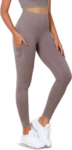 ODODOS Leggings sin costuras para mujer con bolsillos, cintura alta, lavado ácido, acanalado, pantalones de yoga para gimnasio y entrenamiento