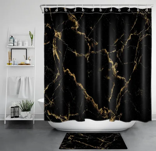 Miniatura 12 de Cortina de ducha de mármol negro y dorado, con citas divertidas Fuck It Get Naked de arte abstracto de mármol para baño, 60 x 72 pulgadas, tela