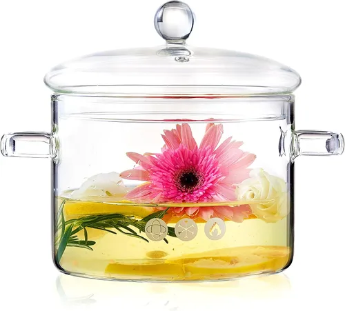 Olla de vidrio transparente de 67 onzas con tapa para cocinar en la estufa, olla de vidrio de borosilicato resistente al calor de 64.2 fl oz para