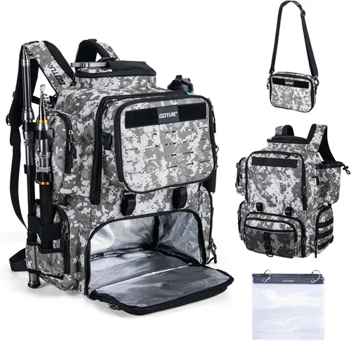 Miniatura 14 de Mochila de pesca Goture, mochila de equipo de pesca resistente al agua de 900D con soportes para cañas, bolsa de equipo de pesca de gran Rosa