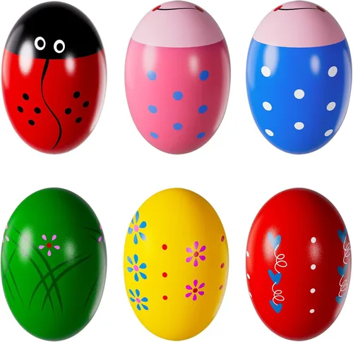 Relleno para cestas de Pascua, 6 huevos de Pascua precargados, cocteleras musicales de percusión de madera, juguetes Montessori, instrumentos