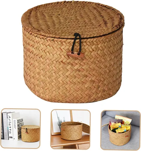 Miniatura 4 de NOLITOY Caja de almacenamiento de 3 piezas con tapa, estante redondo, bandeja para verduras con tapa, decoración de mano, cestas de almacenamiento