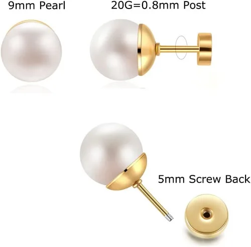 Miniatura 14 de Pearl Stud Earrings for Women,Flat Screw Back Pearl Helix Earrings Cartilage Earrings 316L Surgical Steel Piercing Jewelry Gift(7,8,9,10mm Pearl)
