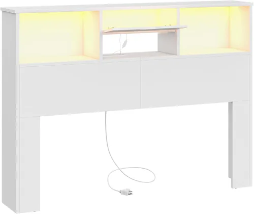 Miniatura 8 de Cabecero para cama tamaño Queen con estante de almacenamiento y cajones, cabeceros profundos de madera con estación de carga y luces LED, cabecera