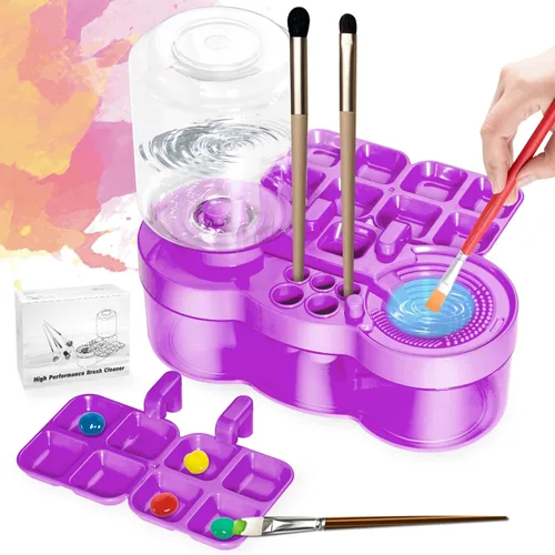 Paint Brush Cleaner with Paint Tray, Upgraded 6-in-1 Painting Washer with Drain and Brush Holder, Water Circulation Painting Supplies for Acrylic,