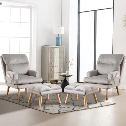 Miniatura 10 de CANMOV Silla decorativa moderna con otomana, sillón de tela suave con respaldo ajustable y bolsillos laterales, cómoda silla de descanso para sala