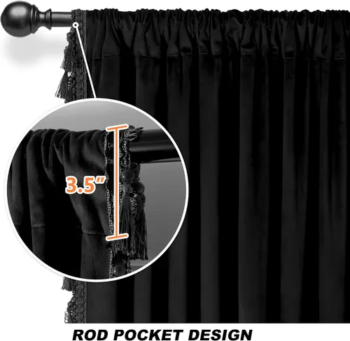 Miniatura 6 de Fazhesici Cortinas opacas de terciopelo negro de 63 pulgadas de largo para ventanas, cortinas con bolsillo para barra con borlas, cortinas térmicas