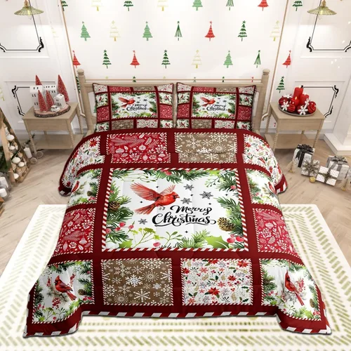 Miniatura 43 de Juego de edredón de Feliz Navidad, tamaño individual, juego de ropa de cama de flores rojas de Navidad, bayas y hojas, para niños y hombres, juego