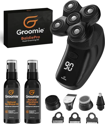 GROOMIE Paquete sin pelo, no importa, afeitadoras eléctricas 5D BaldiePro para hombres calvos, aceite natural para preafeitado para promover el