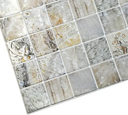 Miniatura 4 de Dundee Deco PG7056-10 - Panel de pared 3D de mármol veneciano de imitación gris beige en cuadrados, 3.2 pies x 1.6 pies (37.8 in x 18.9 in), diseño