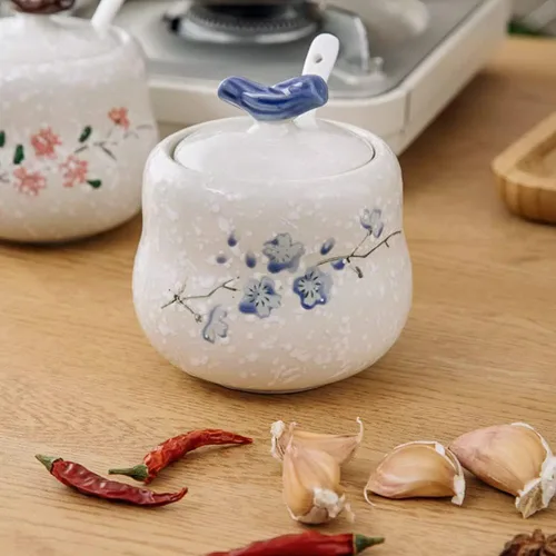 Miniatura 4 de 2 tarros de cerámica retro para condimentos, 13.5 onzas, de porcelana, para condimentos, azucareros, con tapas, cucharas y bandeja de madera para 2
