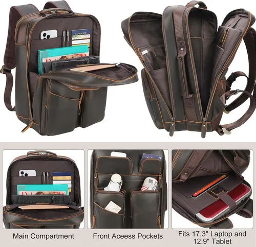 Miniatura 5 de TIDING Mochila para portátil de cuero de grano completo de 17.3 pulgadas para hombres, multibolsillos, casual, mochila de viaje de negocios, Marrón