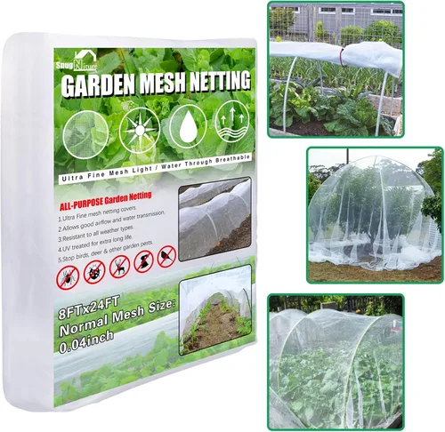 SnugNiture Red de jardín de 8 x 24 pies, cubierta de malla ultra fina para plantas, barrera de red para pájaros blancos, cubierta de hilera de