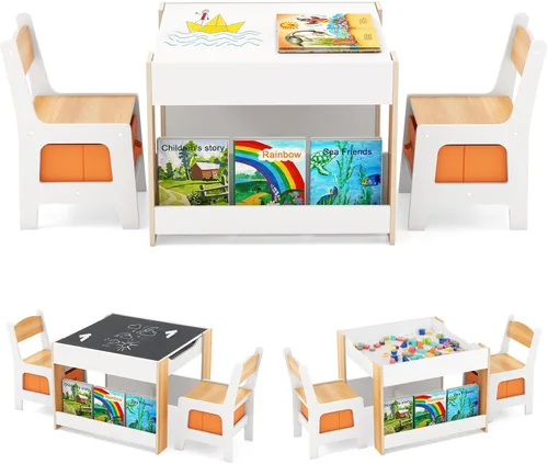 Miniatura 12 de HONEY JOY Mesa y sillas para niños, juego de actividades de madera 3 en 1 con almacenamiento, mesa desmontable, para arte, manualidades, dibujo, Gris