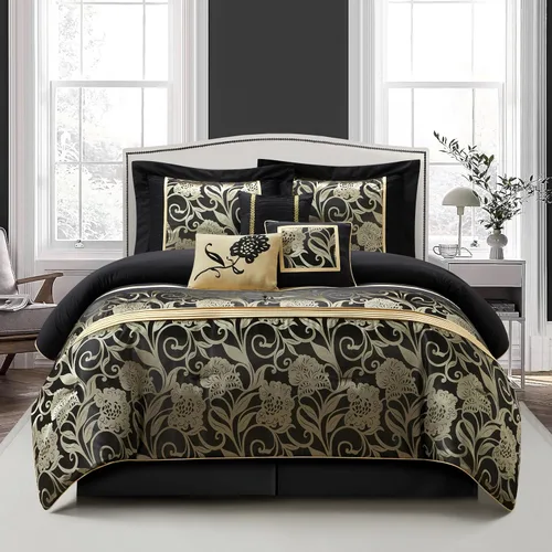 Miniatura 9 de Grand Avenue Juego de edredón negro plateado tamaño Queen, juego de ropa de cama jacquard floral de 7 piezas, para todas las estaciones, ultrasuave