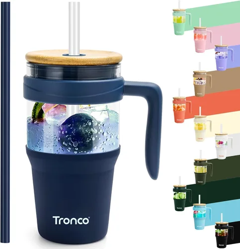 Miniatura 17 de Tronco Vaso de vidrio de 32 onzas con popote y tapa, tapa con popote 2 en 1 a prueba de fugas, botellas de agua de vidrio con asa, apto para Rosa