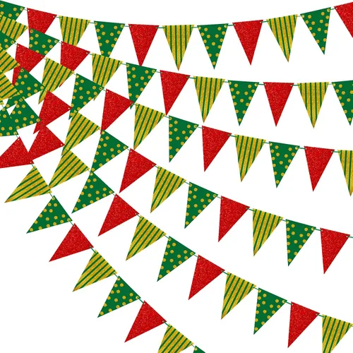 Decoraciones de fiesta de Navidad de color rojo, verde y dorado, banderas triangulares de papel con purpurina colgantes para decoraciones de fiesta