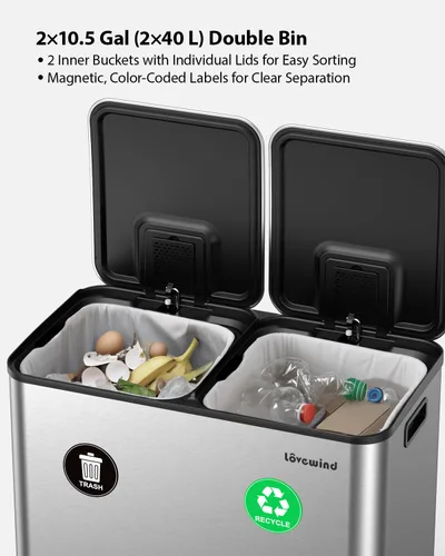 Miniatura 3 de Lovewind Bote de basura, 2 botes de basura de 10.5 galones (2 x 40 L) para cocina, doble compartimento, bote de basura con pedal para cocina