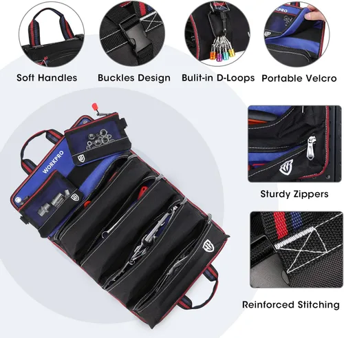 Miniatura 6 de WORKPRO Bolsa de herramientas enrollable, bolsa de herramientas enrollable con bolsillos desmontables, organizador de herramientas resistente con 6