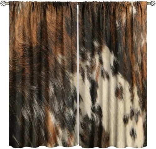 Miniatura 30 de Cortinas con estampado de piel de vaca, cortinas de piel de granja occidental, cortinas rústicas de granja de vaca marrón y blanca para niños, Piel