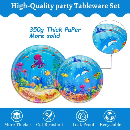 Miniatura 3 de 120 piezas Decoraciones de fiesta bajo el mar, juego de platos y servilletas para cumpleaños en tema de océano, juego de vajilla temática