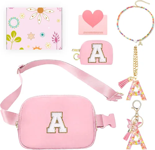 Miniatura 57 de Regalos de moda para niñas adolescentes, cangurera con monograma para niña con llavero, collar, dijes de taza, tarjeta de felicitación y caja