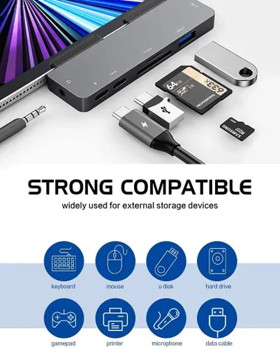 Miniatura 6 de Adaptador Hub USB C para iPad Pro 2024 M4 M2 M1, Hub 7 en 1 con HDMI 4K@60Hz, Jack 3.5mm, USB 3.0, PD 60W, Ranura para Tarjeta SD/TF, Accesorios 7