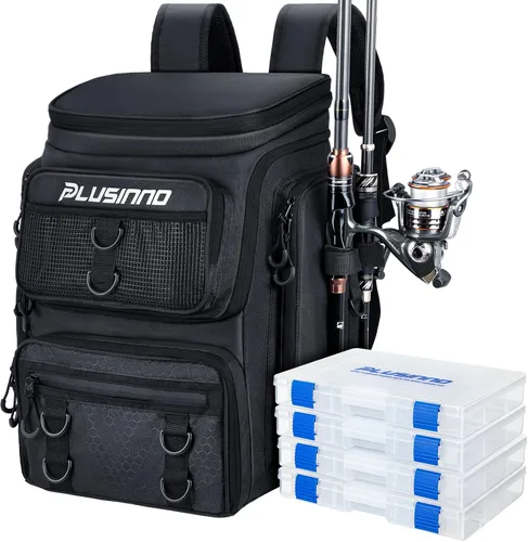 PLUSINNO - Mochila de pesca con portacañas y caja de aparejos, 42L Bolsa grande resistente al agua para equipo de pesca