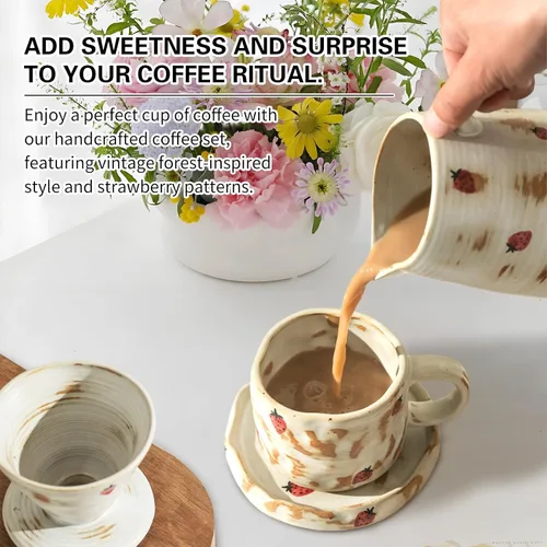 Miniatura 4 de Juego de cafetera hecha a mano con taza de café con patrón de fresa, 20 unidades, filtro de papel V60, cafetera de goteo de 20 onzas (fresa)
