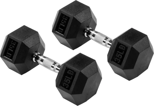 Miniatura 2 de Fitvids Mancuerna hexagonal con revestimiento de goma, 35 libras, par de 35 libras, color negro
