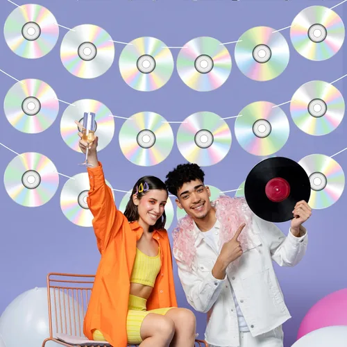 Miniatura 8 de 4 pancartas de disco de CD, decoraciones retro de los años 90, decoración de fiesta de cumpleaños de los años 90, decoración de fiesta de música