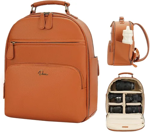 Miniatura 10 de Mochila pequeña para cámara clásica de cuero PU para DSLR, bolsa profesional para fotógrafos con compartimento para almohadilla/tableta de 11