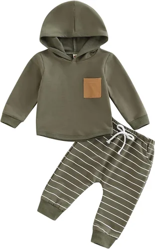 Miniatura 98 de Ropa de bebé niño 3 6 9 12 18 24M 3T Conjunto de pantalones con capucha patchwork sudadera con capucha pantalones de rayas traje de otoño invierno