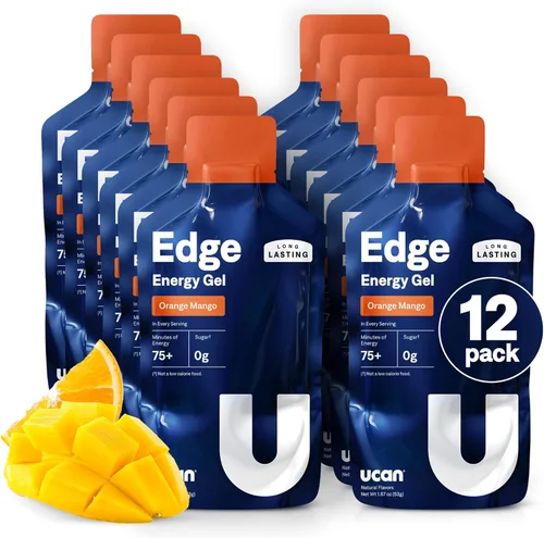 Disparos de gel energético UCAN Edge, sabor a mango naranja (12 paquetes de 2 onzas) para correr, entrenamiento, ejercicios, fitness, ciclismo,