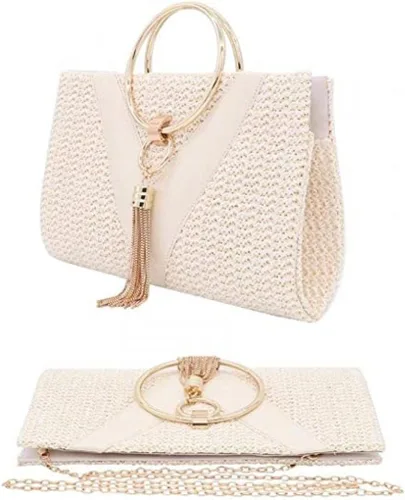 Miniatura 3 de Bolso de mano de paja para mujer, elegante bolso de mano de verano para playa, borlas con asa superior con cadena