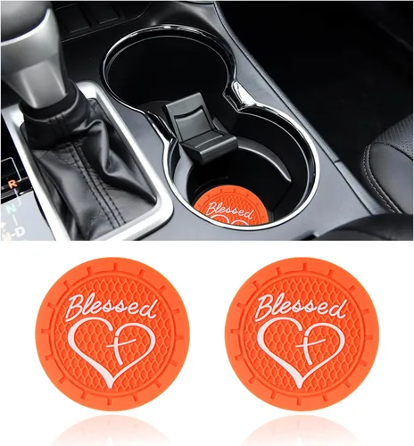 Miniatura 9 de Dickno 2 piezas posavasos para portavasos de automóvil, 2.76 pulgadas cruz bendita y corazón tapete de bebida cristiano, PVC suave antideslizante a