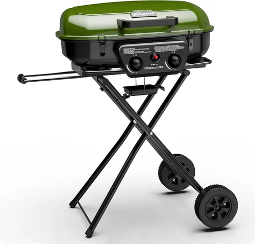 Parrilla de gas portátil Brand-Man, parrilla de propano con soporte vertical y carro plegable y encendido de botón, ideal para camping, portón Verde