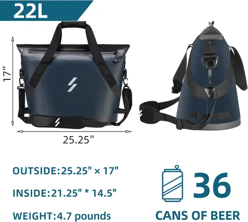 Miniatura 2 de ROCKBROS Bolsa térmica suave con aislamiento de mano, enfriador de lados suaves, 22L, a prueba de fugas, bolsa enfriadora para campamento