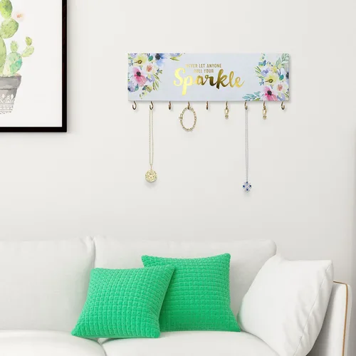 Miniatura 6 de SANY DAYO HOME Organizador de joyas montado en la pared, moderno soporte de madera con 9 ganchos de metal para collares, anillos, aretes, pulseras