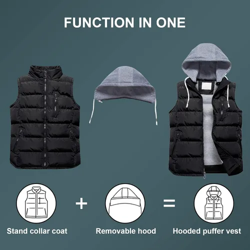 Miniatura 3 de CREATMO US Chaleco de invierno para hombre, para exteriores, con capucha, extraíble, acolchado, sin mangas, chaleco