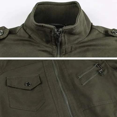 Miniatura 4 de HIJEWE Men Military Jacket Casual Cotton Utility Coat Spring Falls Durable Army Cargo Bomber Stand Collar Multi-Pocket Jacket