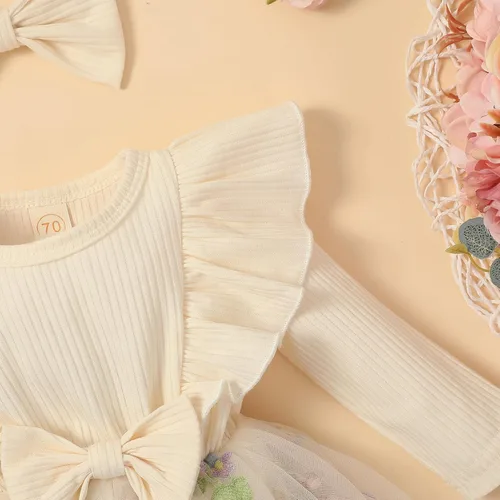 Miniatura 4 de Sasaerucure Traje de manga larga para bebé niña de otoño e invierno, mameluco de encaje con tutú de una pieza, mameluco de punto