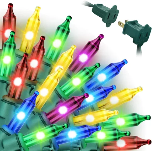 Miniatura 10 de Luces de cadena navideñas mini de 100 unidades en morado y verde, con certificación UL, equipadas con 8 modos de iluminación, perfectas para patios