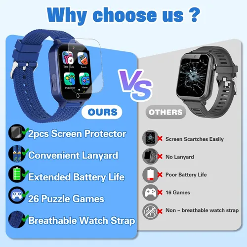 Miniatura 4 de Reloj inteligente para niños de 5 a 12 años, reloj para niños con 26 juegos, cámara, reproductor de música, podómetro, seguimiento de hábitos, Azul
