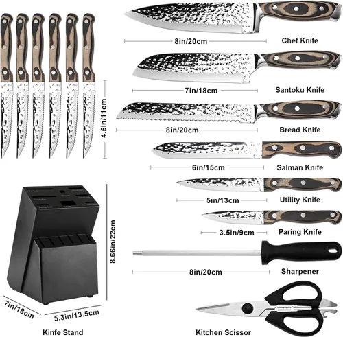 Miniatura 2 de Juego de cuchillos para cocina, juego de cuchillos de diseño martillado de 15 piezas con bloque y afilador, cuchillos de chef de acero inoxidable