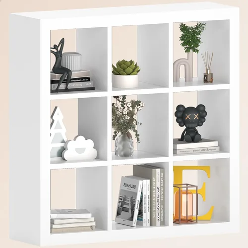 Miniatura 22 de Estantería con contenedor de almacenamiento, organizador de almacenamiento de 6 cubos, estantería abierta de madera moderna, estante de exhibición