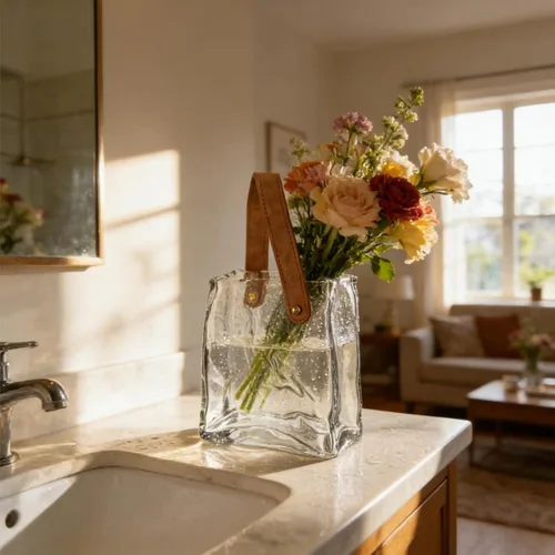 Miniatura 4 de Noamus Jarrón de cristal para flores, jarrones únicos con asa de cuero, florero decorativo con forma de bolso antiarrugas, cuenco de pescado